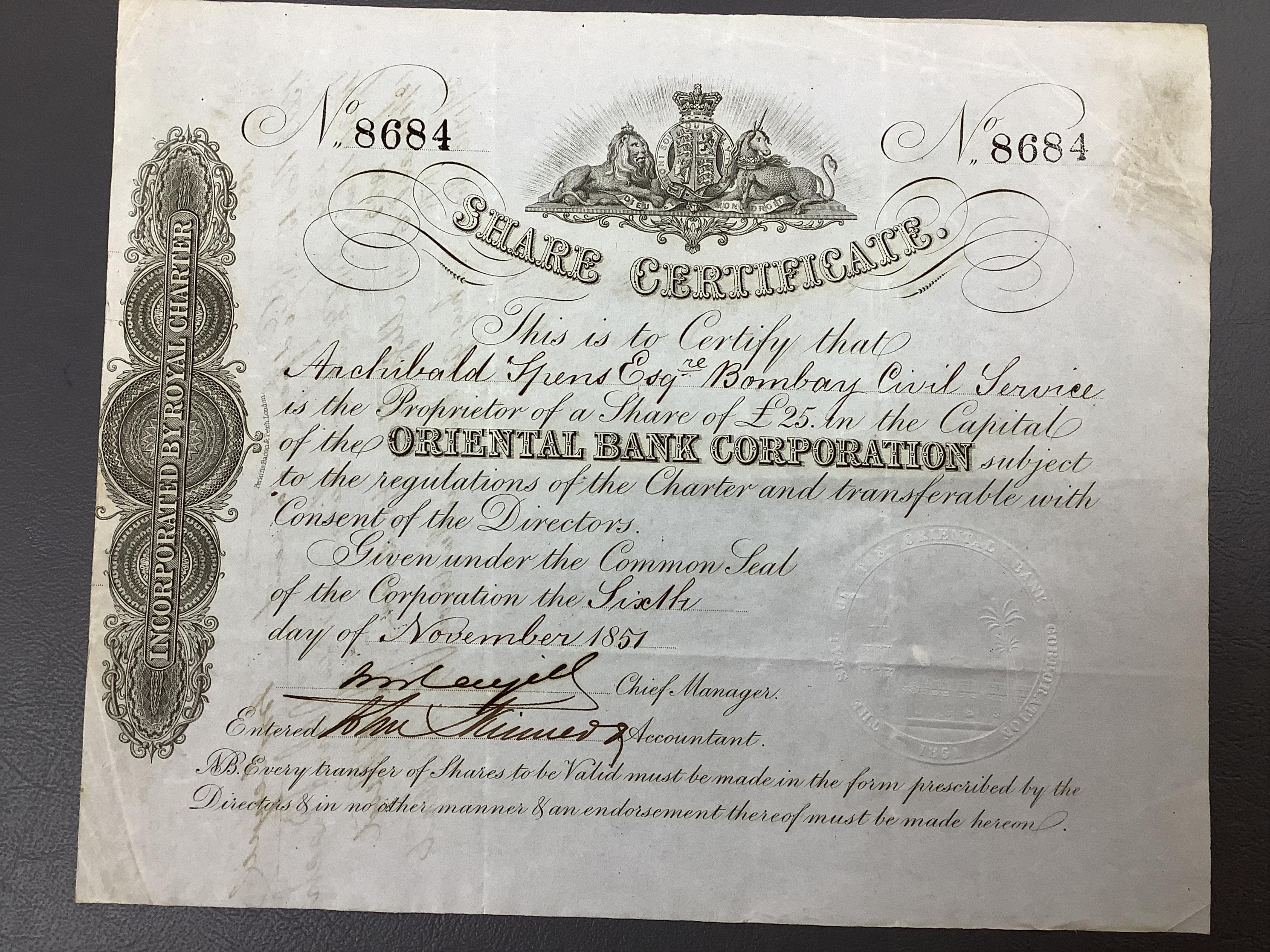 An album of mainly early to mid 20th century railway, bank and engineering share certificates, companies including; Norfolk Estuary Company, Martin’s bank Limited, the Waterloo, Cedar Falls & Northern Railroad, the St. L